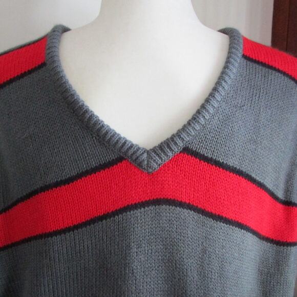 Vintage 80s Gray Red Striped Sweater Vest Men S Retro Prep Academia Unisex Cozy - Picture 5 of 17